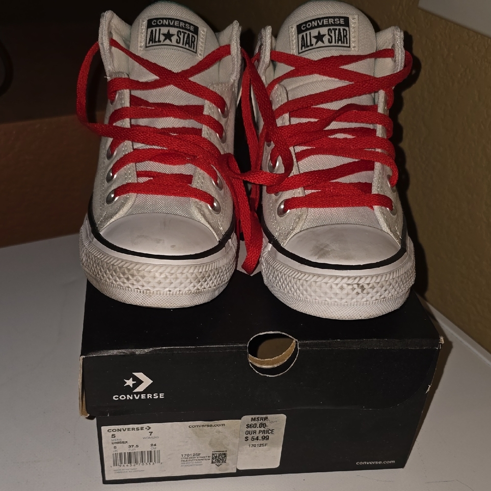 Converse High-Tops - White/Tan with Red Laces
